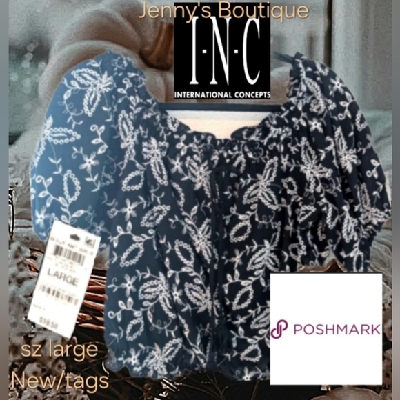 INC Nwt Women's Black And Embrodered White Leaf Print Boho Chic Blouse Large - Picture 5 of 12